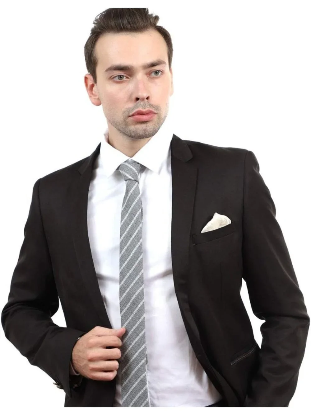 Men's Grey Cotton Linen Waffle Striped Textured Formal Slim Necktie For Business